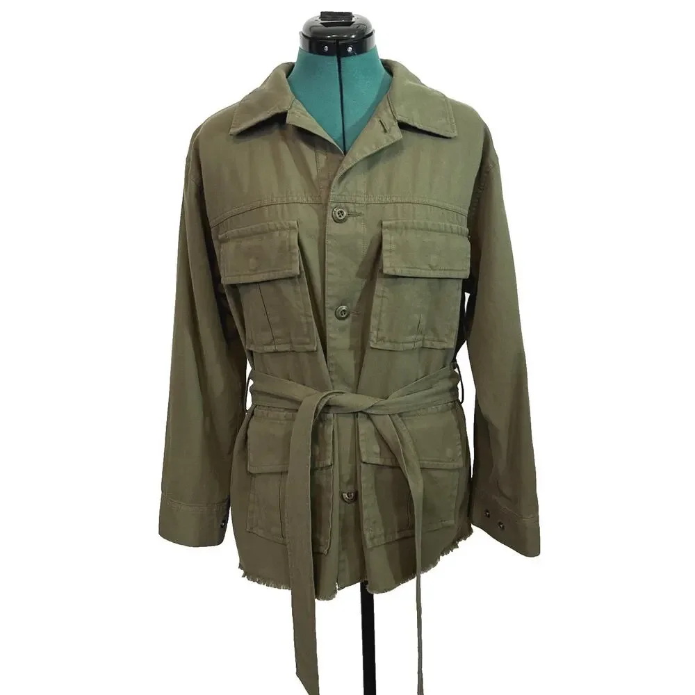 Moussy Olive Green Military Utility Button Front Jacket Logo Belted‎ Size Free